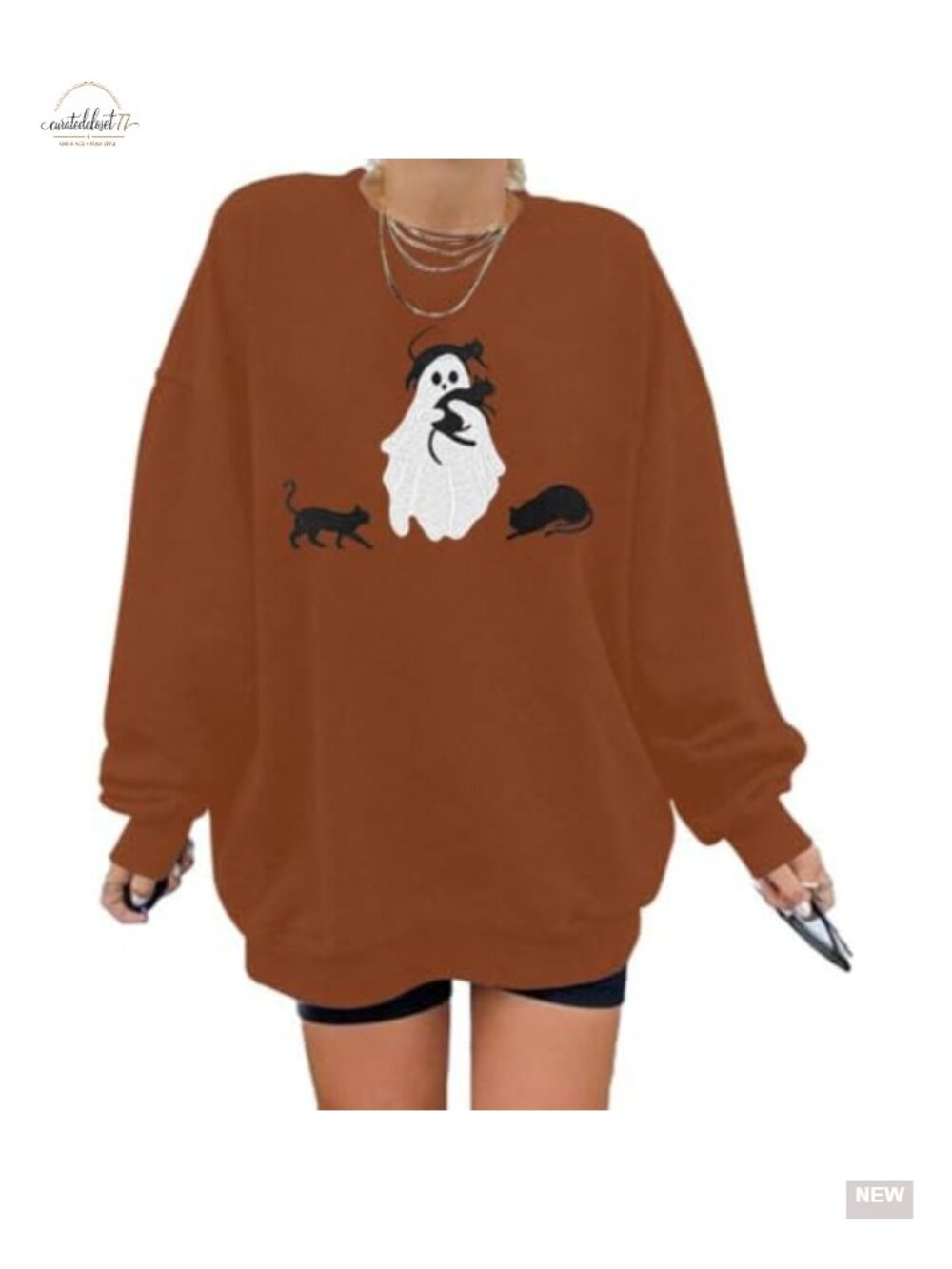 Women's Halloween Ghost Cat Embroidered Crewneck Sweatshirt Oversized